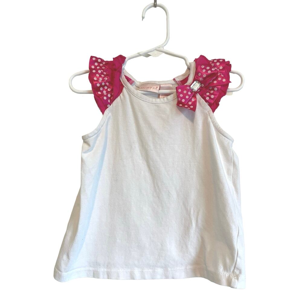 Maggie & Zoe white short sleeve top pink ribbon ruffled polka dot embellished 4T